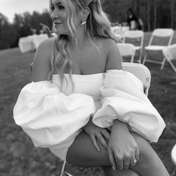 Pretty Little Thing BRIDAL White Long Puff Sleeve Bardot Bodycon Dress - Picture 6 of 7